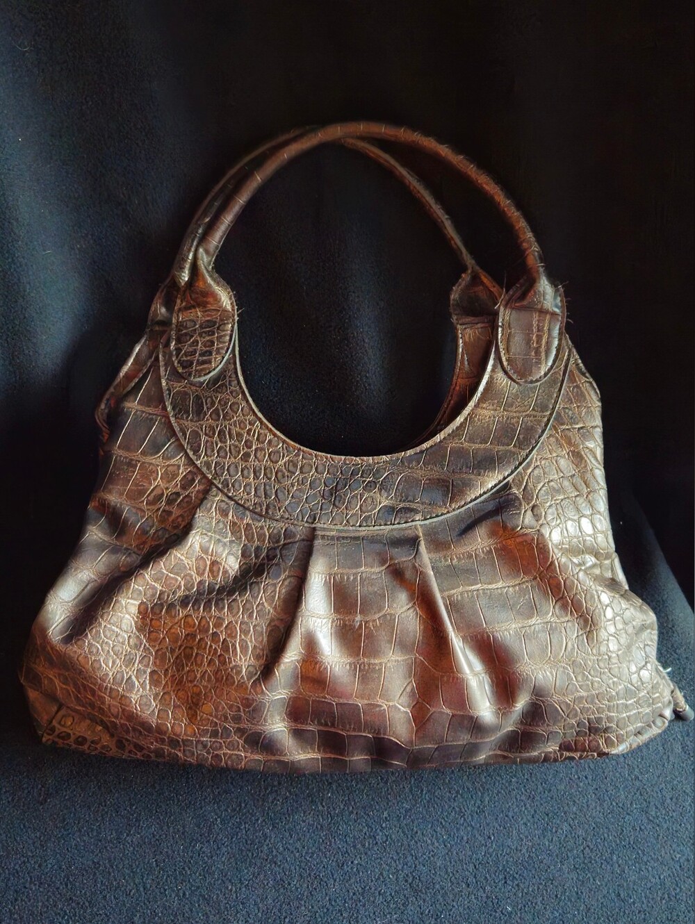 Apostrophe Croc-Embossed Brown-Bronze Faux Leather Shoulder Bag